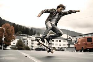 A caucasian man doing tricks or jumping on a skateboard at the street. Young man with skater jumping concept by photo