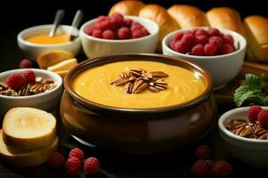 A delicious pumpkin soup food cream in a bowl. Winter food and high healthy soup meal concept by AI Generated photo