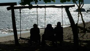 A group of people sitting on top of a sandy beach video