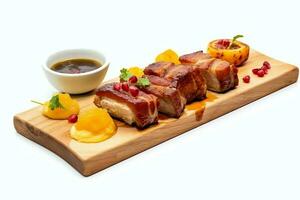 Pork belly braaivleis with mango and chili sauce served on a wooden plank. Restaurant food concept by AI Generated photo