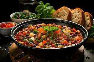 un delicioso Minestrone sopa comida en un bol. italiano comida y sano proteína sopa comida concepto por ai generado foto