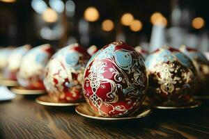 Easter day concept in living room with bunny, sweets or many colorful decorative easter eggs. Painted eggs on straw nest and flower. Easter celebration. Easter day background by AI Generated photo