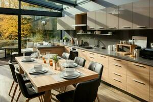 moderno cocina interior diseño en Departamento o casa con mueble. lujo cocina hogar escandinavo concepto por ai generado foto