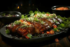 A delicious crispy pork belly fancy on plate. Restaurant food and asian cuisine concept by AI Generated photo