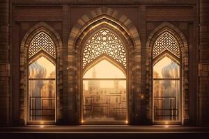Eid mubarak and ramadan kareem greetings with islamic lantern and mosque. Eid al fitr background. Eid al fitr background of window concept by photo
