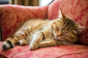 linda gato dormido o descansando en el sofá a hogar. perezoso gato dormido en el sofá. gato día concepto por ai generado foto