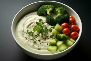 un delicioso vegetales sopa comida en un bol. invierno comida y alto proteína sopa comida concepto por ai generado foto