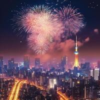 Beautiful firework show with cityscape at night for celebration happy new year. Firework display concept by photo