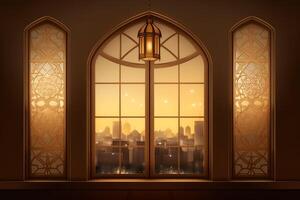 Eid mubarak and ramadan kareem greetings with islamic lantern and mosque. Eid al fitr background. Eid al fitr background of window concept by photo