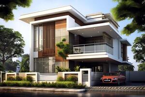 Beautiful modern house exterior with carport. Modern residential district and minimalist building concept by photo