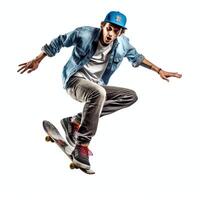 A caucasian man doing tricks or jumping on a skateboard at the street. Young man with skater jumping concept by AI Generated photo