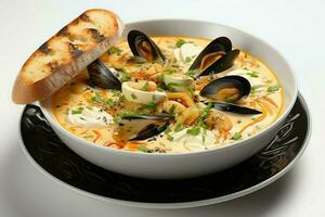 A delicious bouillabaisse soup food in a bowl. Marseille food and healthy protein soup meal concept by AI Generated photo