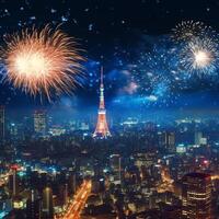 hermosa Fuegos artificiales espectáculo con paisaje urbano a noche para celebracion contento nuevo año. Fuegos artificiales monitor concepto por ai generado foto