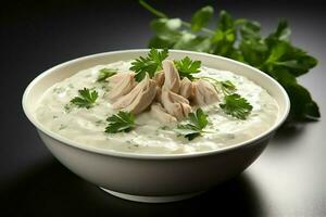 A delicious chicken soup food with vegetables in a bowl. Winter food and high protein soup meal concept by AI Generated photo