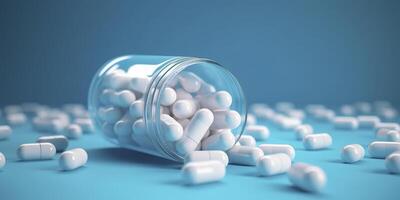 White pills from plastic medicine bottles on blue background with copy space. Medicine and health concept. 3d rendering. photo