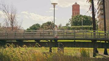 A woman walking across a bridge in a park video
