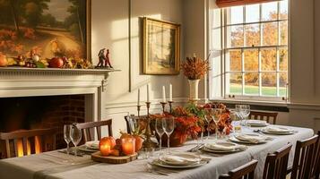 Dining room decor, interior design and autumn holiday celebration, elegant autumnal table decoration with candles and flowers, home decor and country cottage style photo