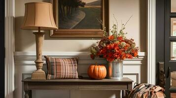 Autumnal hallway decor, interior design and house decoration, welcoming autumn entryway furniture, stairway and entrance hall home decor in an English country house and cottage style photo