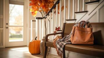 Autumnal hallway decor, interior design and house decoration, welcoming autumn entryway furniture, stairway and entrance hall home decor in an English country house and cottage style photo