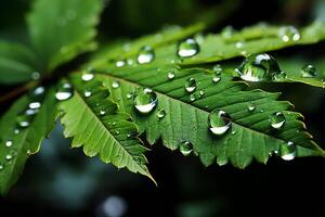 macro Disparo de verde hojas con agua gotas, Rocío o lluvia soltar en a ellos. verde hoja naturaleza bosque concepto por ai generado foto