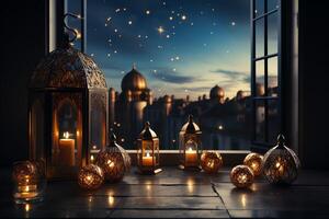 Eid mubarak and ramadan kareem greetings with islamic lantern and mosque. Eid al fitr background. Eid al fitr background of window concept by photo