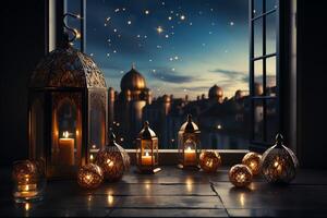 Eid mubarak and ramadan kareem greetings with islamic lantern and mosque. Eid al fitr background. Eid al fitr background of window concept by AI Generated photo