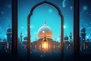 Eid mubarak and ramadan kareem greetings with islamic lantern and mosque. Eid al fitr background. Eid al fitr background of window concept by AI Generated photo