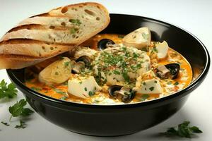 A delicious bouillabaisse soup food in a bowl. Marseille food and healthy protein soup meal concept by AI Generated photo