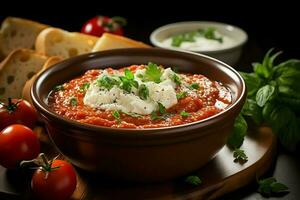 un delicioso tomate sopa comida en un bol. invierno comida y sano proteína sopa comida concepto por ai generado foto