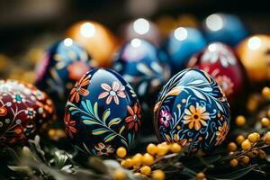 Happy bunny with many easter eggs on easter day concept. Easter day background with bunny, sweets or colorful decorative eggs. Painted eggs on straw nest and flower. Easter celebration by AI Generated photo