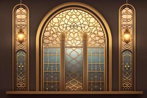 Eid mubarak and ramadan kareem greetings with islamic lantern and mosque. Eid al fitr background. Eid al fitr background of window concept by photo