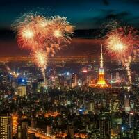 hermosa Fuegos artificiales espectáculo con paisaje urbano a noche para celebracion contento nuevo año. Fuegos artificiales monitor concepto por ai generado foto