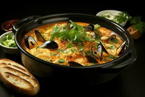 A delicious bouillabaisse soup food in a bowl. Marseille food and healthy protein soup meal concept by AI Generated photo