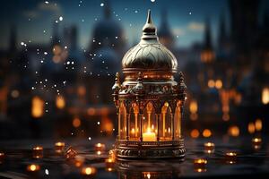 Eid mubarak and ramadan kareem greetings with islamic lantern and mosque. Eid al fitr background. Eid al fitr background of window concept by photo