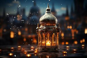 Eid mubarak and ramadan kareem greetings with islamic lantern and mosque. Eid al fitr background. Eid al fitr background of window concept by AI Generated photo