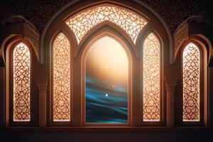 Eid mubarak and ramadan kareem greetings with islamic lantern and mosque. Eid al fitr background. Eid al fitr background of window concept by photo