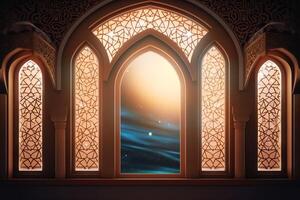 Eid mubarak and ramadan kareem greetings with islamic lantern and mosque. Eid al fitr background. Eid al fitr background of window concept by AI Generated photo