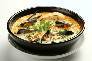 A delicious bouillabaisse soup food in a bowl. Marseille food and healthy protein soup meal concept by AI Generated photo