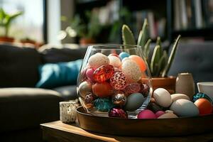 Easter day concept in living room with bunny, sweets or many colorful decorative easter eggs. Painted eggs on straw nest and flower. Easter celebration. Easter day background by AI Generated photo