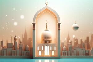 Eid mubarak and ramadan kareem greetings with islamic lantern and mosque. Eid al fitr background. Eid al fitr background of window concept by AI Generated photo