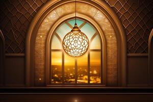 Eid mubarak and ramadan kareem greetings with islamic lantern and mosque. Eid al fitr background. Eid al fitr background of window concept by AI Generated photo