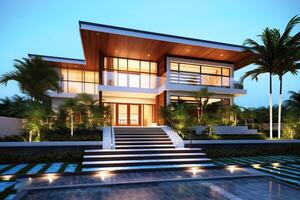 Beautiful modern house exterior with carport. Modern residential district and minimalist building concept by photo