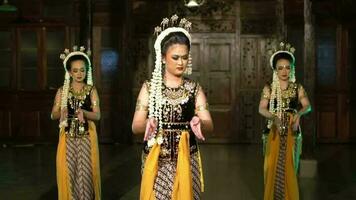 ein Gruppe von Sundanesisch Tänzer mit Sitzung Bewegungen während tragen Gold farbig Kostüme video