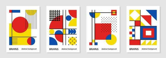 Set of 4 minimal vintage 20s geometric design posters, wall art, template, layout with primitive shapes elements. Bauhaus retro pattern background, vector abstract circle, triangle and square line art