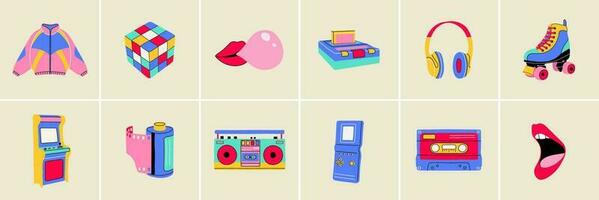 Classic 80s 90s elements in modern style flat, line style. Hand drawn vector illustration