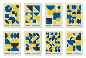 conjunto de 8 afiches de diseño geométrico mínimo de los años 20, arte mural, plantilla, diseño con elementos de formas primitivas. Fondo de vector de patrón retro bauhaus, colores de bandera ucraniana azul, amarillo y negro