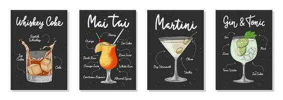 Set of 4 advertising recipe lists with alcoholic drinks, cocktails and beverages lettering posters, wall decoration, prints, menu design. Hand drawn typography with sketches. Handwritten calligraphy. vector