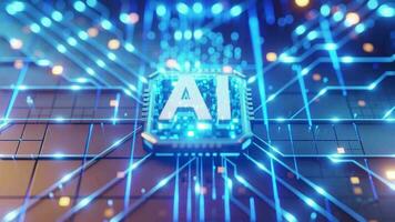 artificiale intelligenza digitale cervello offerta dati ai chipset su circuito tavola nel futuristico ciclo continuo animazione. per futuro tecnologia opera d'arte ai in profondità apprendimento computer macchina pensiero processi. virtuale video