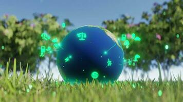 Ökologie Umgebung Konzept, nett oben Nieder Animation Kamera Bewegung und fliegen um rotierend Glas Globus im das Grün Gras video