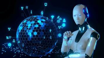 künstlich Intelligenz Roboter berühren öffnen Globus Netzwerk Internet, schlau, Technologie Labor Zimmer. video